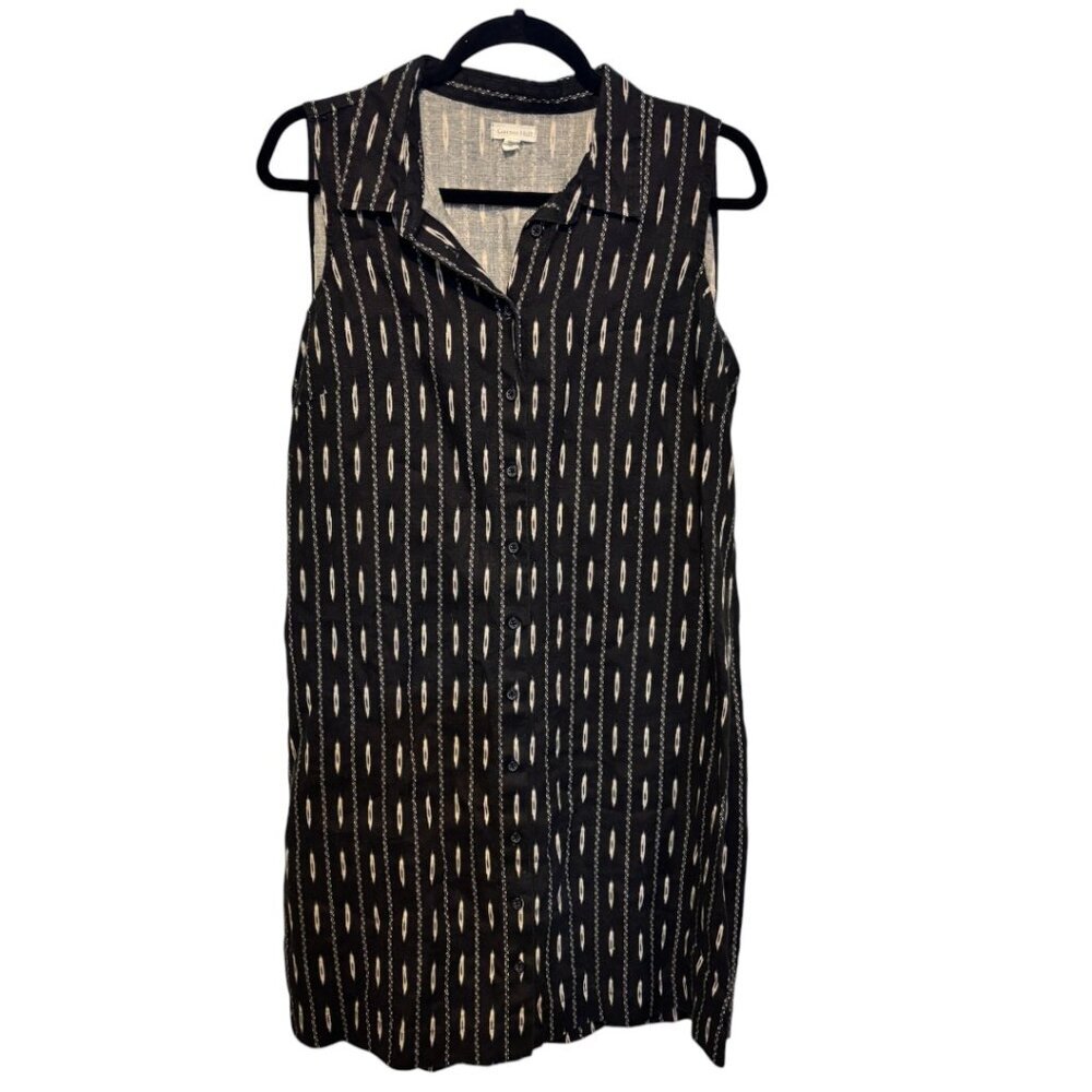 Garnet Hill Linen Sleeveless Button Front Shirt Dress Black Cream Print